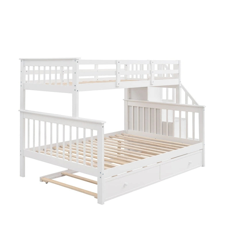 Lit superposé double/grand Espresso/Gris/Blanc avec escalier, lit gigogne et rangement, 3 couchages