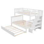 Lit superposé double/grand Espresso/Gris/Blanc avec escalier, lit gigogne et rangement, 3 couchages