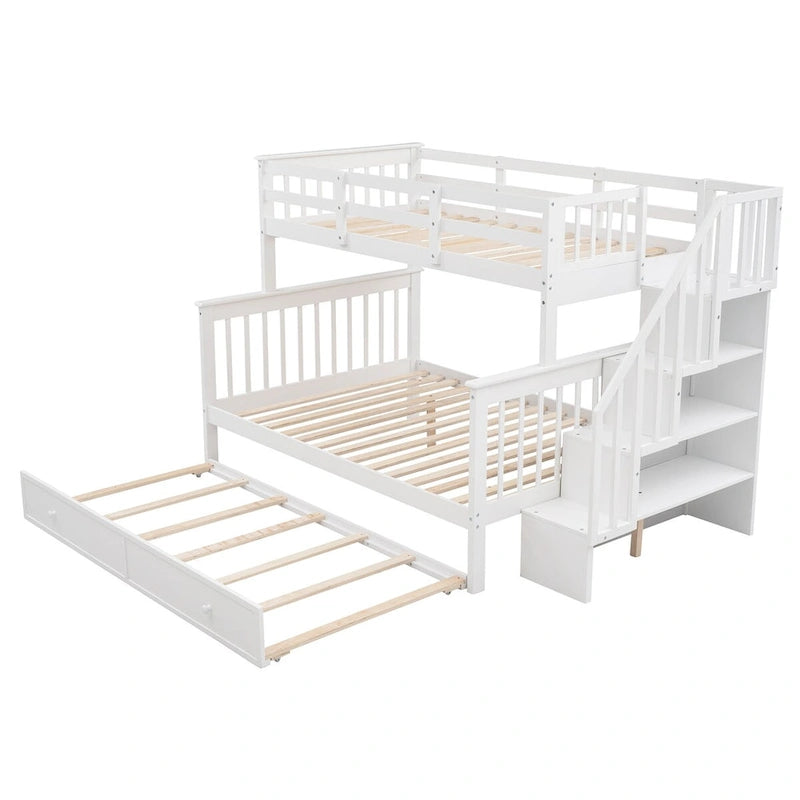 Lit superposé double/grand Espresso/Gris/Blanc avec escalier, lit gigogne et rangement, 3 couchages