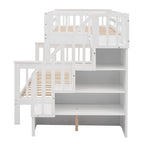 Lit superposé double/grand Espresso/Gris/Blanc avec escalier, lit gigogne et rangement, 3 couchages
