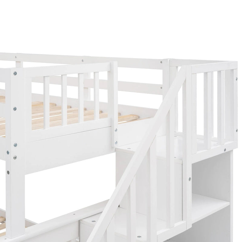 Lit superposé double/grand Espresso/Gris/Blanc avec escalier, lit gigogne et rangement, 3 couchages