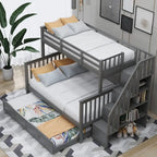 Lit superposé double/grand Espresso/Gris/Blanc avec escalier, lit gigogne et rangement, 3 couchages
