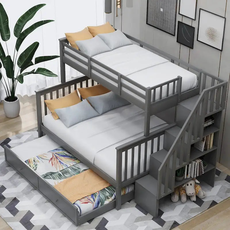 Lit superposé double/grand Espresso/Gris/Blanc avec escalier, lit gigogne et rangement, 3 couchages