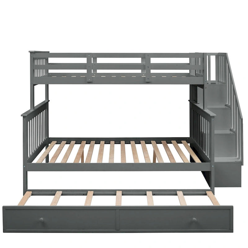 Lit superposé double/grand Espresso/Gris/Blanc avec escalier, lit gigogne et rangement, 3 couchages