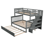 Lit superposé double/grand Espresso/Gris/Blanc avec escalier, lit gigogne et rangement, 3 couchages