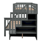 Lit superposé double/grand Espresso/Gris/Blanc avec escalier, lit gigogne et rangement, 3 couchages