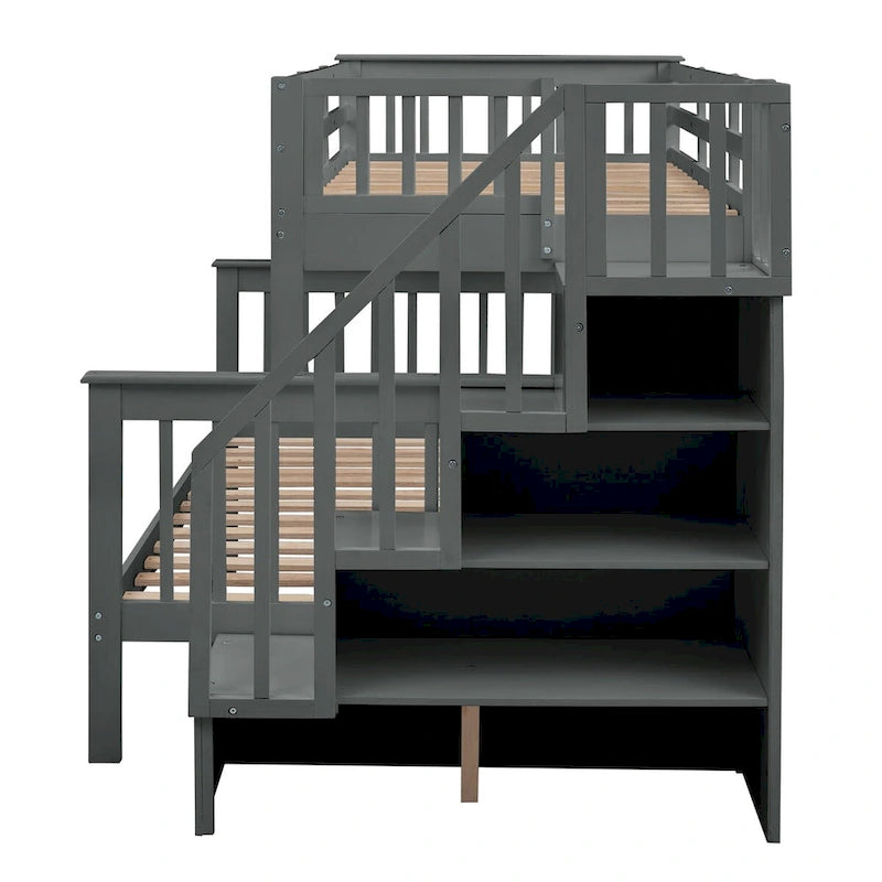 Lit superposé double/grand Espresso/Gris/Blanc avec escalier, lit gigogne et rangement, 3 couchages