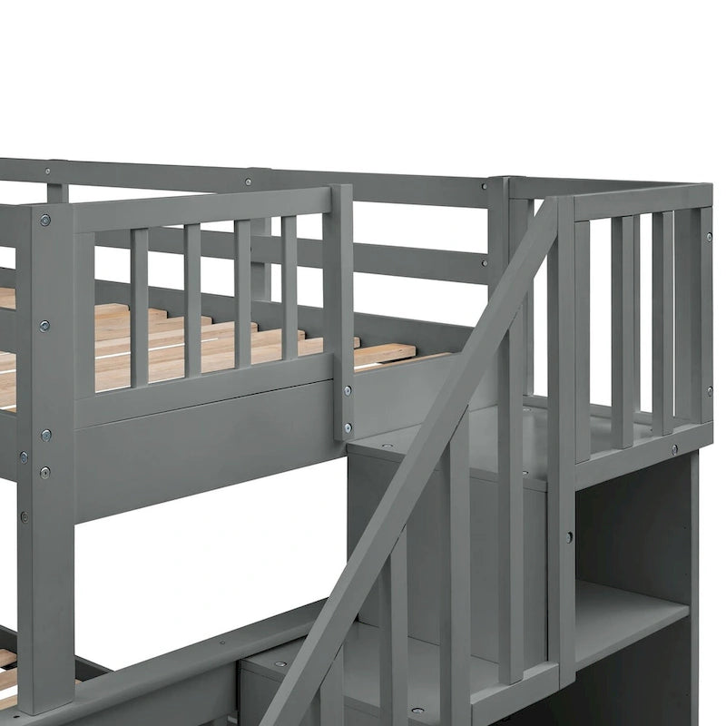 Lit superposé double/grand Espresso/Gris/Blanc avec escalier, lit gigogne et rangement, 3 couchages