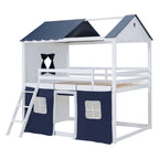 Lit superposé enfant style cabane, Bleu+Blanc / Rose+Blanc, jumeau/double, 1 enfant