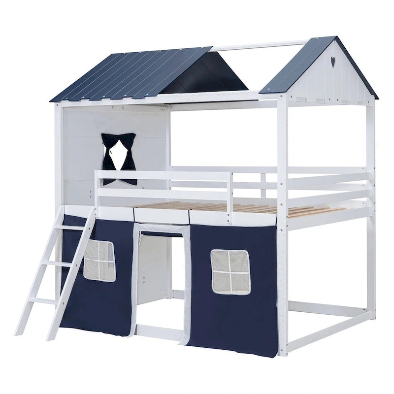 Lit superposé enfant style cabane, Bleu+Blanc / Rose+Blanc, jumeau/double, 1 enfant
