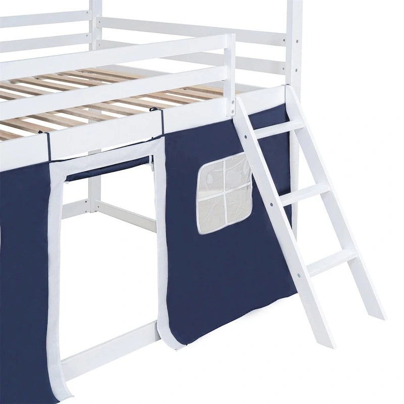 Lit superposé enfant style cabane, Bleu+Blanc / Rose+Blanc, jumeau/double, 1 enfant