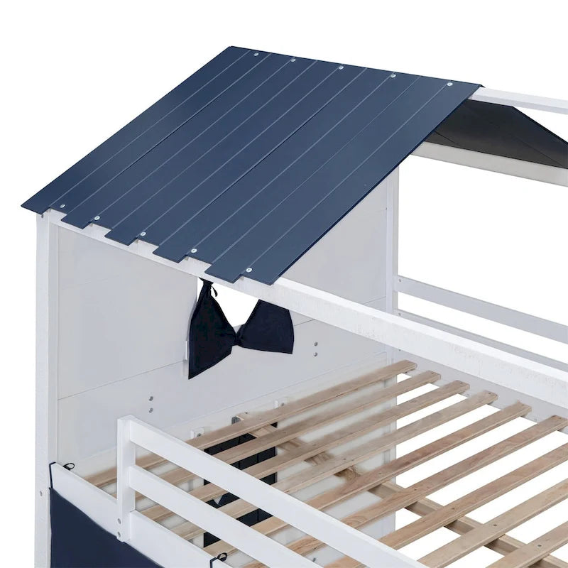 Lit superposé enfant style cabane, Bleu+Blanc / Rose+Blanc, jumeau/double, 1 enfant