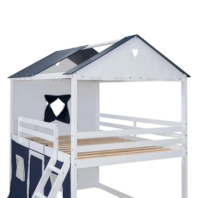 Lit superposé enfant style cabane, Bleu+Blanc / Rose+Blanc, jumeau/double, 1 enfant
