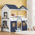 Lit superposé enfant style cabane, Bleu+Blanc / Rose+Blanc, jumeau/double, 1 enfant