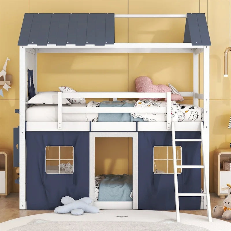 Lit superposé enfant style cabane, Bleu+Blanc / Rose+Blanc, jumeau/double, 1 enfant