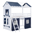 Lit superposé enfant style cabane, Bleu+Blanc / Rose+Blanc, jumeau/double, 1 enfant