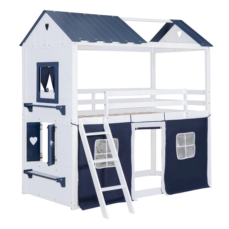 Lit superposé enfant style cabane, Bleu+Blanc / Rose+Blanc, jumeau/double, 1 enfant