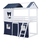 Lit superposé enfant style cabane, Bleu+Blanc / Rose+Blanc, jumeau/double, 1 enfant