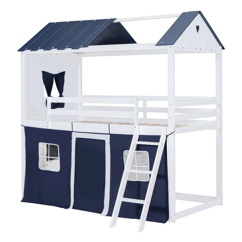 Lit superposé enfant style cabane, Bleu+Blanc / Rose+Blanc, jumeau/double, 1 enfant