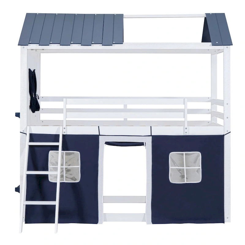 Lit superposé enfant style cabane, Bleu+Blanc / Rose+Blanc, jumeau/double, 1 enfant