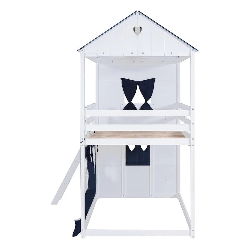 Lit superposé enfant style cabane, Bleu+Blanc / Rose+Blanc, jumeau/double, 1 enfant