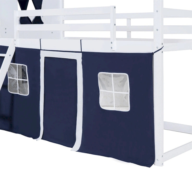 Lit superposé enfant style cabane, Bleu+Blanc / Rose+Blanc, jumeau/double, 1 enfant