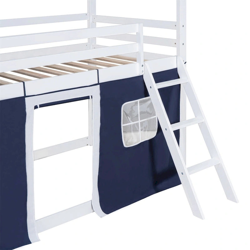 Lit superposé enfant style cabane, Bleu+Blanc / Rose+Blanc, jumeau/double, 1 enfant