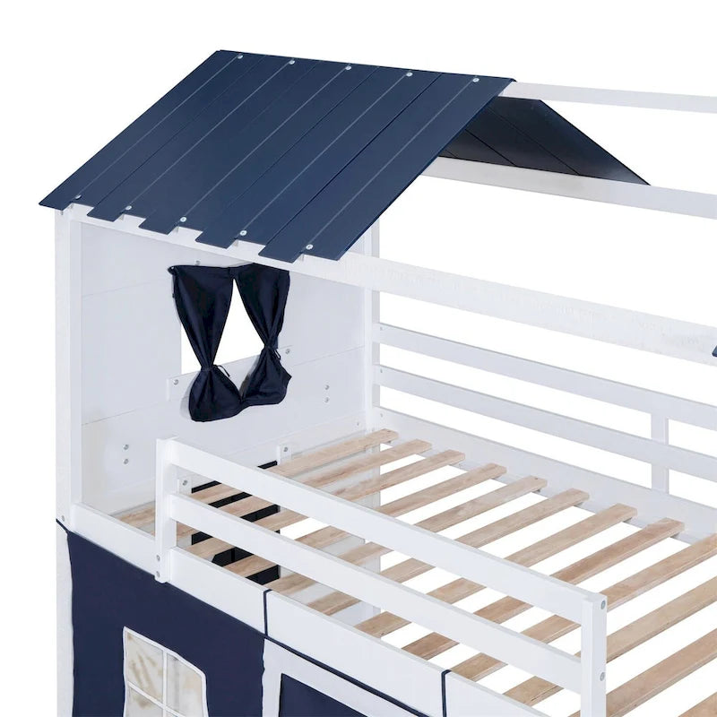 Lit superposé enfant style cabane, Bleu+Blanc / Rose+Blanc, jumeau/double, 1 enfant