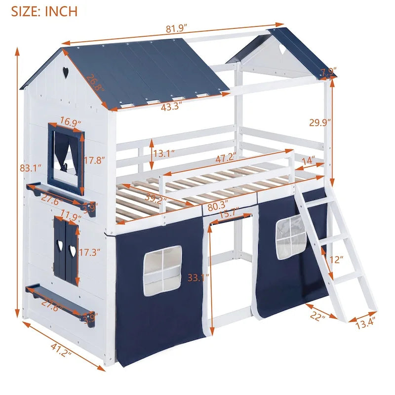 Lit superposé enfant style cabane, Bleu+Blanc / Rose+Blanc, jumeau/double, 1 enfant