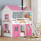 Lit superposé enfant style cabane, Bleu+Blanc / Rose+Blanc, jumeau/double, 1 enfant