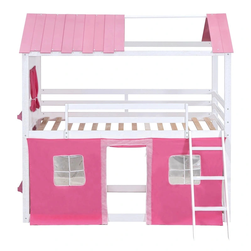 Lit superposé enfant style cabane, Bleu+Blanc / Rose+Blanc, jumeau/double, 1 enfant