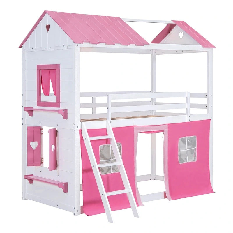 Lit superposé enfant style cabane, Bleu+Blanc / Rose+Blanc, jumeau/double, 1 enfant