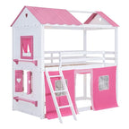 Lit superposé enfant style cabane, Bleu+Blanc / Rose+Blanc, jumeau/double, 1 enfant