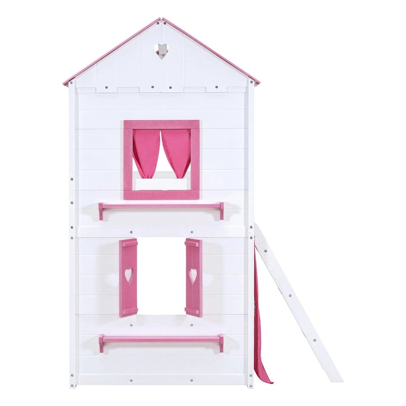 Lit superposé enfant style cabane, Bleu+Blanc / Rose+Blanc, jumeau/double, 1 enfant