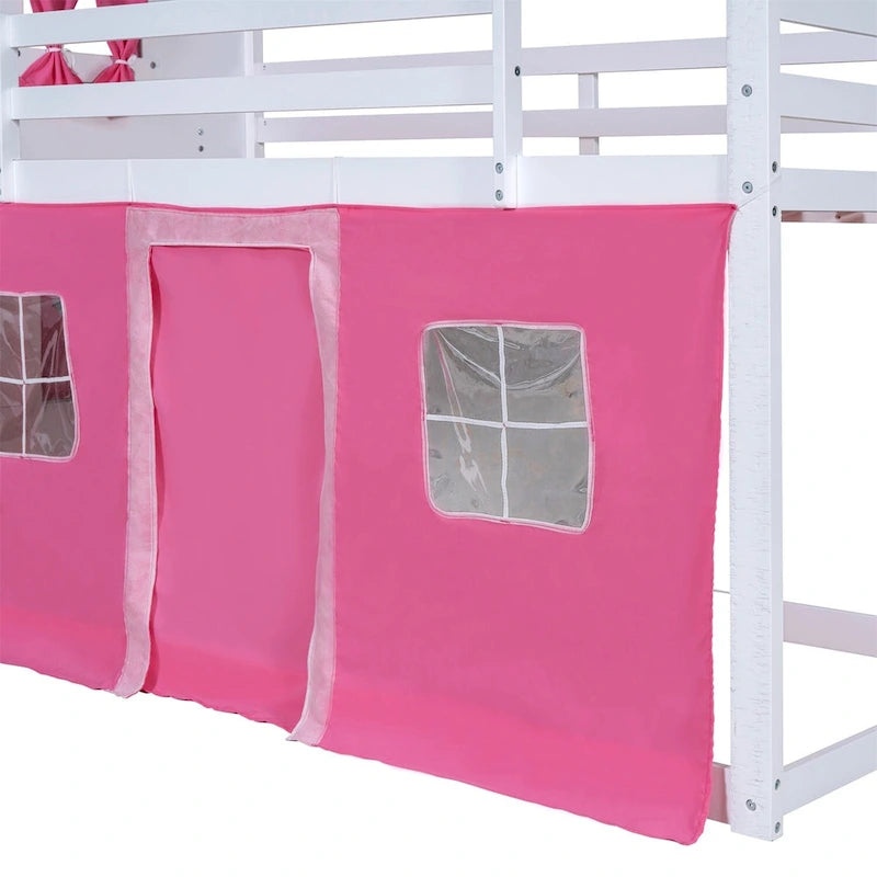 Lit superposé enfant style cabane, Bleu+Blanc / Rose+Blanc, jumeau/double, 1 enfant