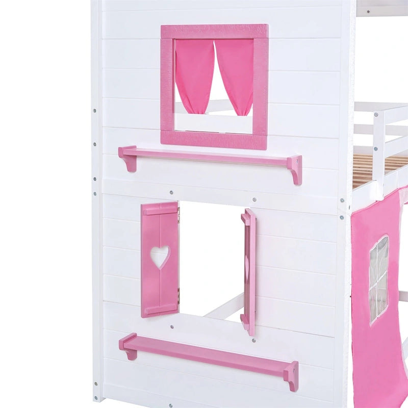 Lit superposé enfant style cabane, Bleu+Blanc / Rose+Blanc, jumeau/double, 1 enfant