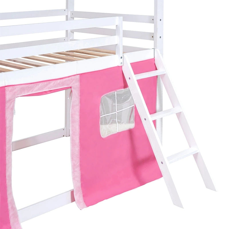 Lit superposé enfant style cabane, Bleu+Blanc / Rose+Blanc, jumeau/double, 1 enfant