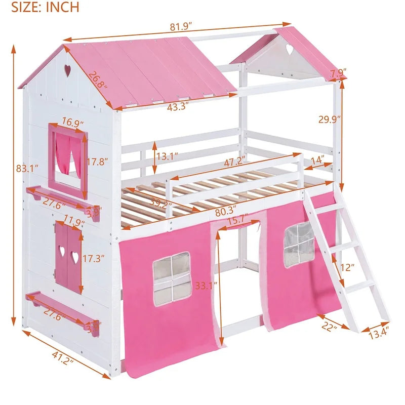 Lit superposé enfant style cabane, Bleu+Blanc / Rose+Blanc, jumeau/double, 1 enfant