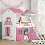 Lit superposé enfant style cabane, Bleu+Blanc / Rose+Blanc, jumeau/double, 1 enfant