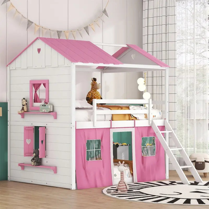 Lit superposé enfant style cabane, Bleu+Blanc / Rose+Blanc, jumeau/double, 1 enfant