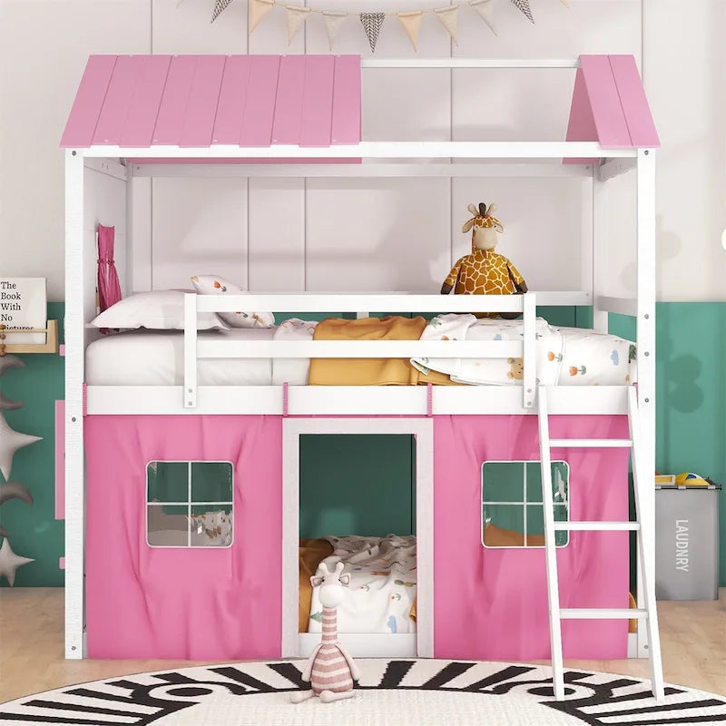 Lit superposé enfant style cabane, Bleu+Blanc / Rose+Blanc, jumeau/double, 1 enfant
