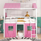 Lit superposé enfant style cabane, Bleu+Blanc / Rose+Blanc, jumeau/double, 1 enfant