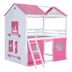 Lit superposé enfant style cabane, Bleu+Blanc / Rose+Blanc, jumeau/double, 1 enfant