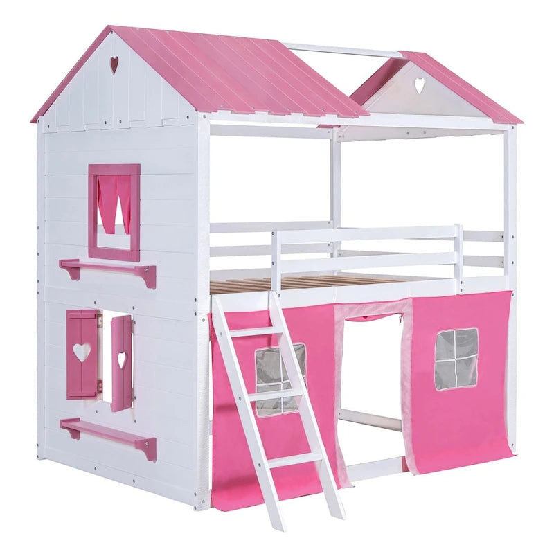 Lit superposé enfant style cabane, Bleu+Blanc / Rose+Blanc, jumeau/double, 1 enfant