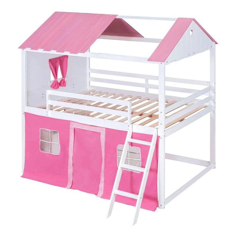 Lit superposé enfant style cabane, Bleu+Blanc / Rose+Blanc, jumeau/double, 1 enfant