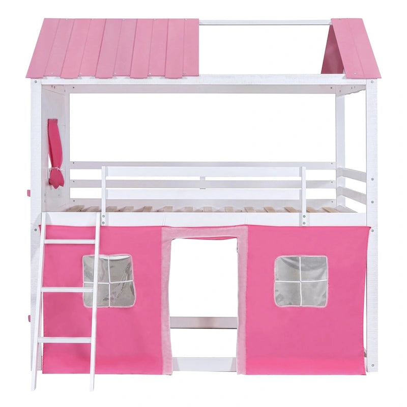 Lit superposé enfant style cabane, Bleu+Blanc / Rose+Blanc, jumeau/double, 1 enfant