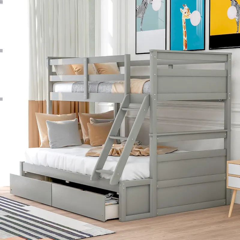 Gray Twin-Full Bunk Bed with Drawers and Stairway