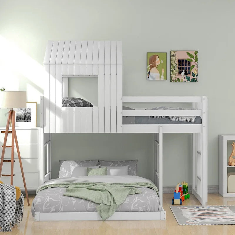 Wooden Twin Over Full Bunk Bed, Loft Bed with Playhouse,White