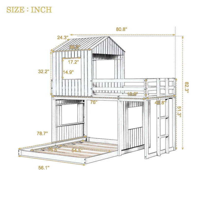 Lit superposé blanc double sur grand avec mezzanine et aire de jeux, 2 couchages