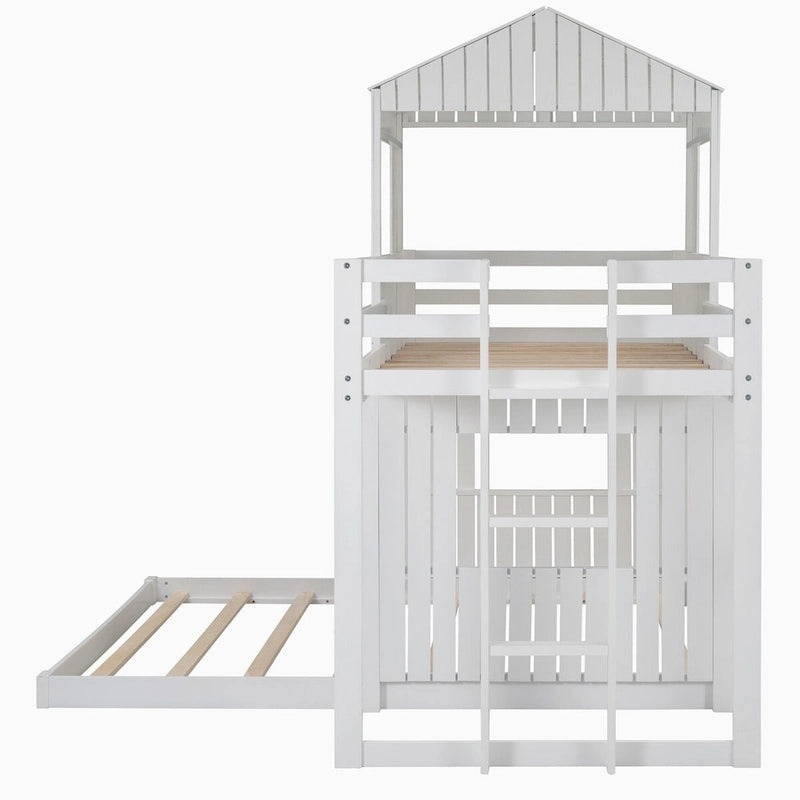 Lit superposé blanc double sur grand avec mezzanine et aire de jeux, 2 couchages